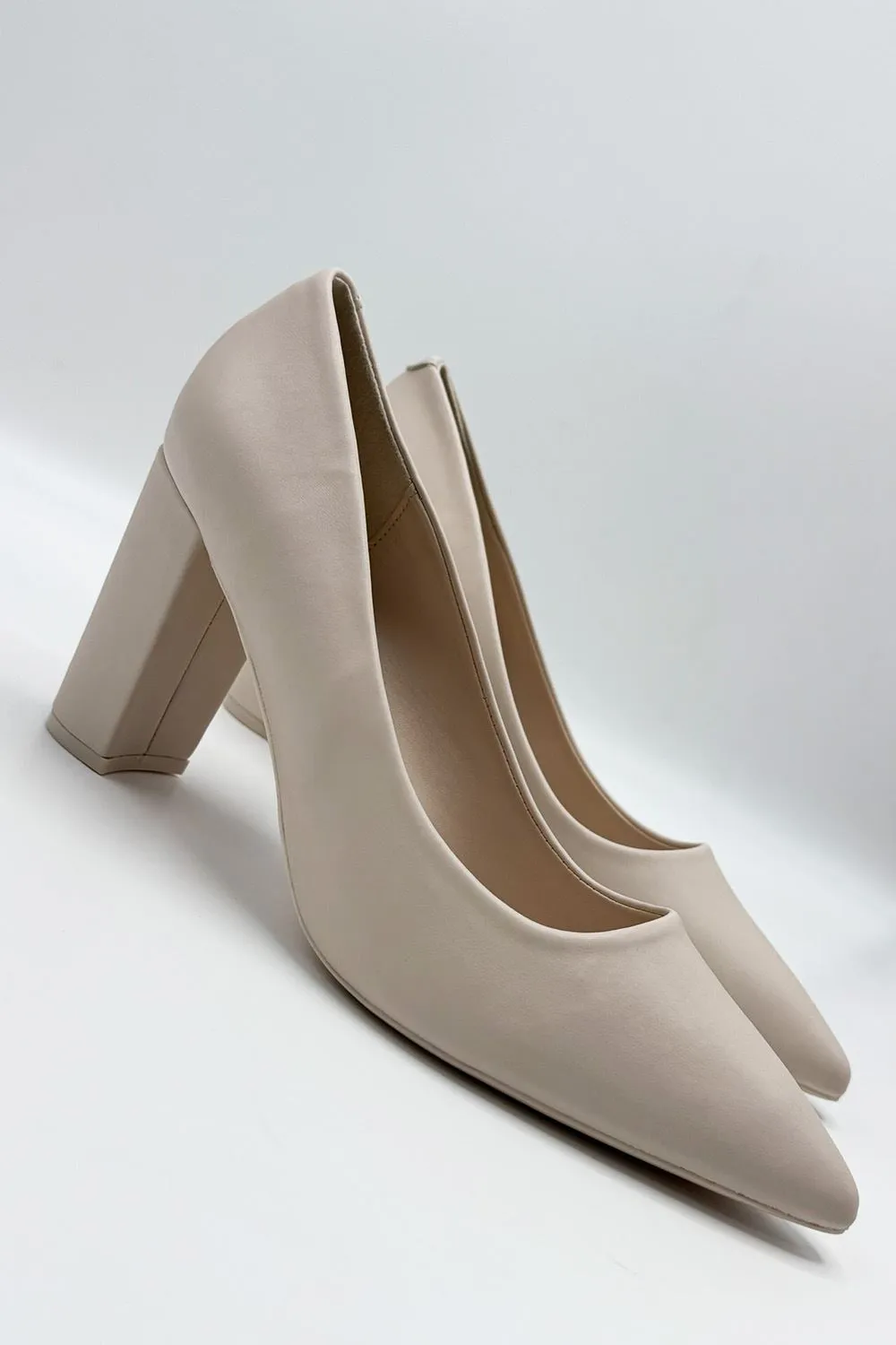 Clara Block Heel Pointed Toe Court Shoes in Nude Matt