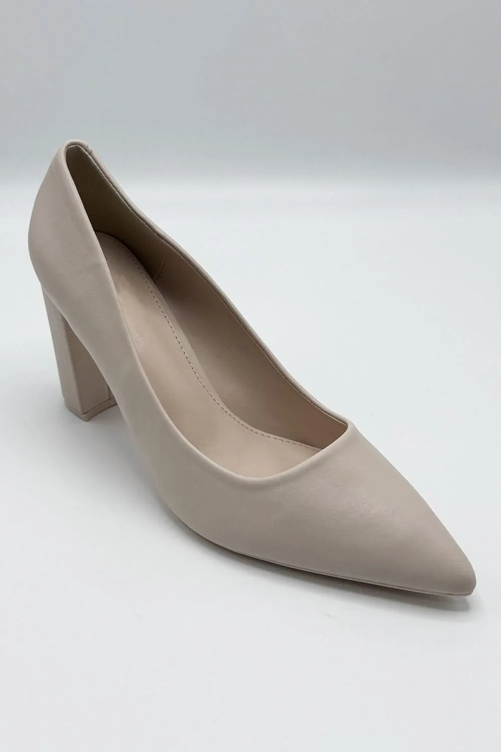 Clara Block Heel Pointed Toe Court Shoes in Nude Matt