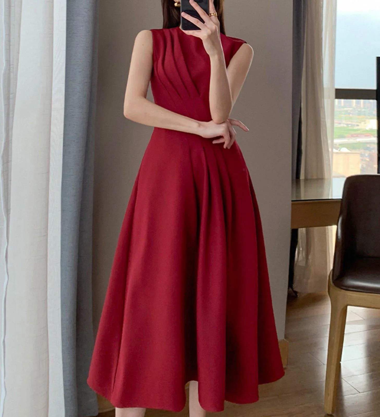 Claret Sleeveless High Waist Fit & Flare Midi Dress