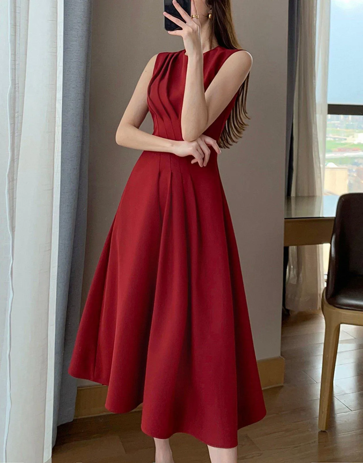 Claret Sleeveless High Waist Fit & Flare Midi Dress