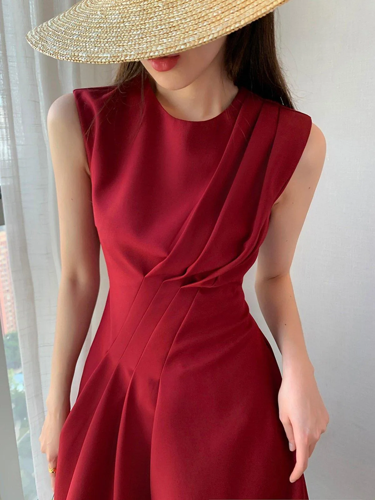 Claret Sleeveless High Waist Fit & Flare Midi Dress