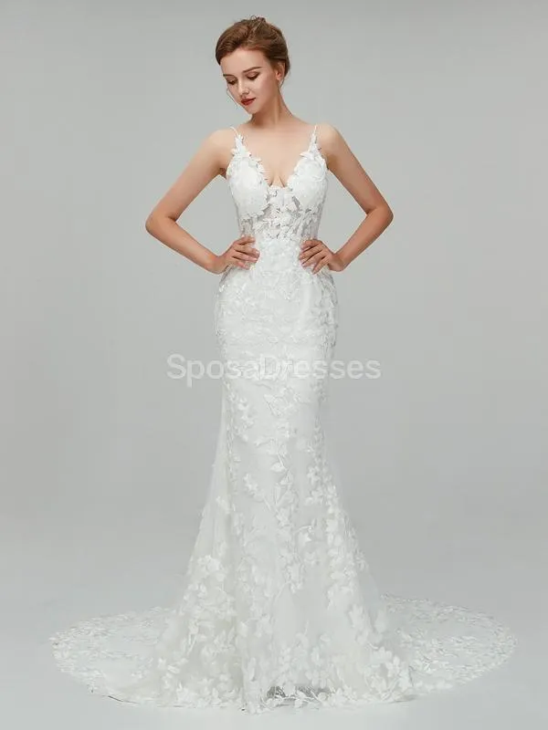 Classic Lace Straps Mermaid Cheap Wedding Dresses Online, Unique Bridal Dresses, WD560