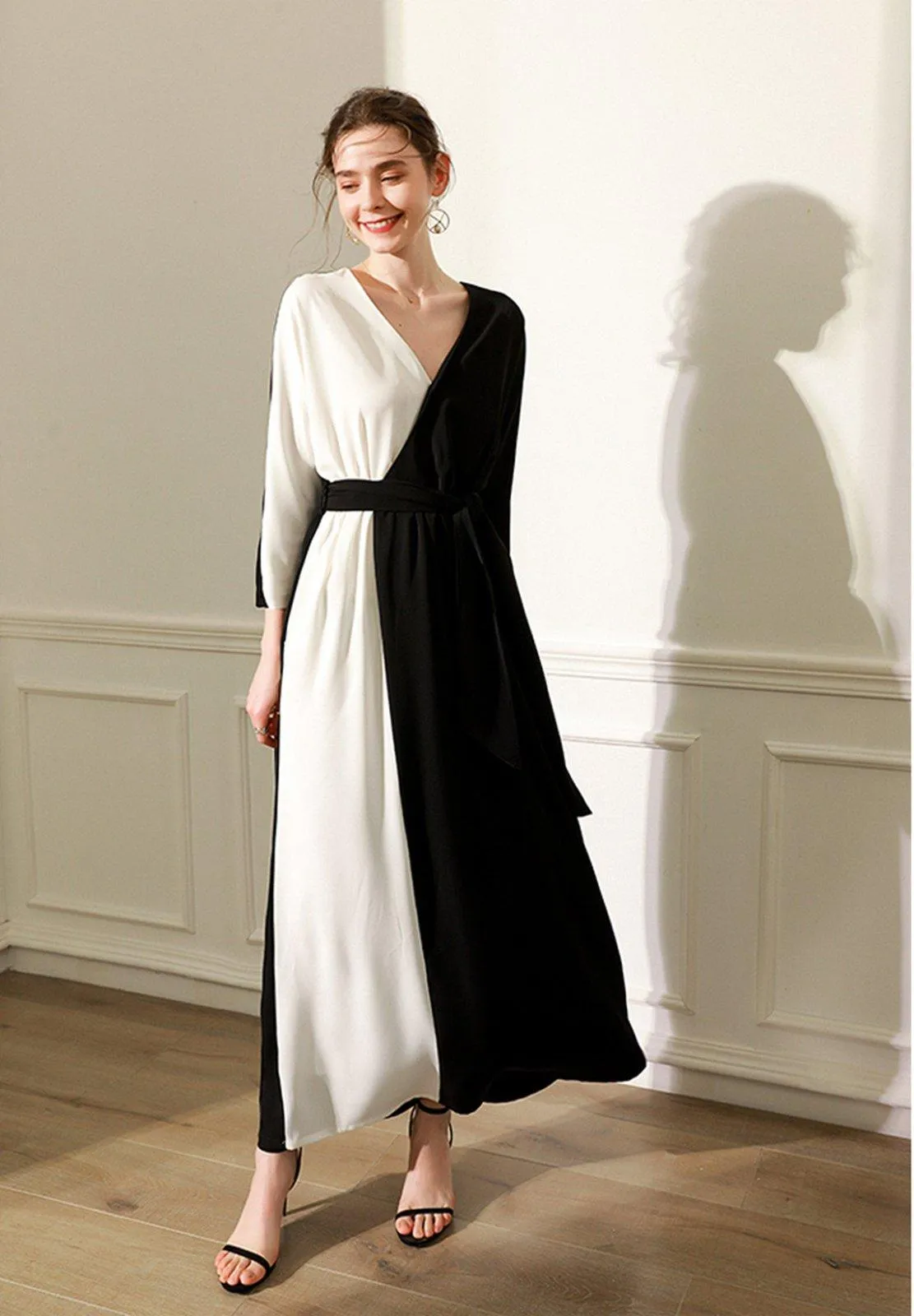 Colorblock Black White Long Sleeve Belted Maxi Dress