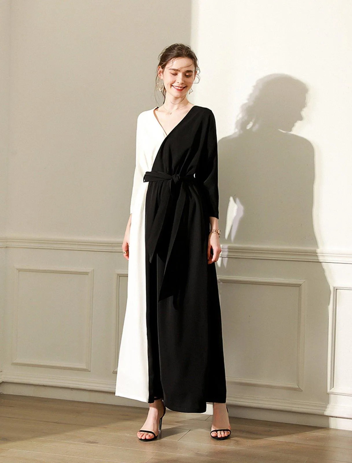 Colorblock Black White Long Sleeve Belted Maxi Dress