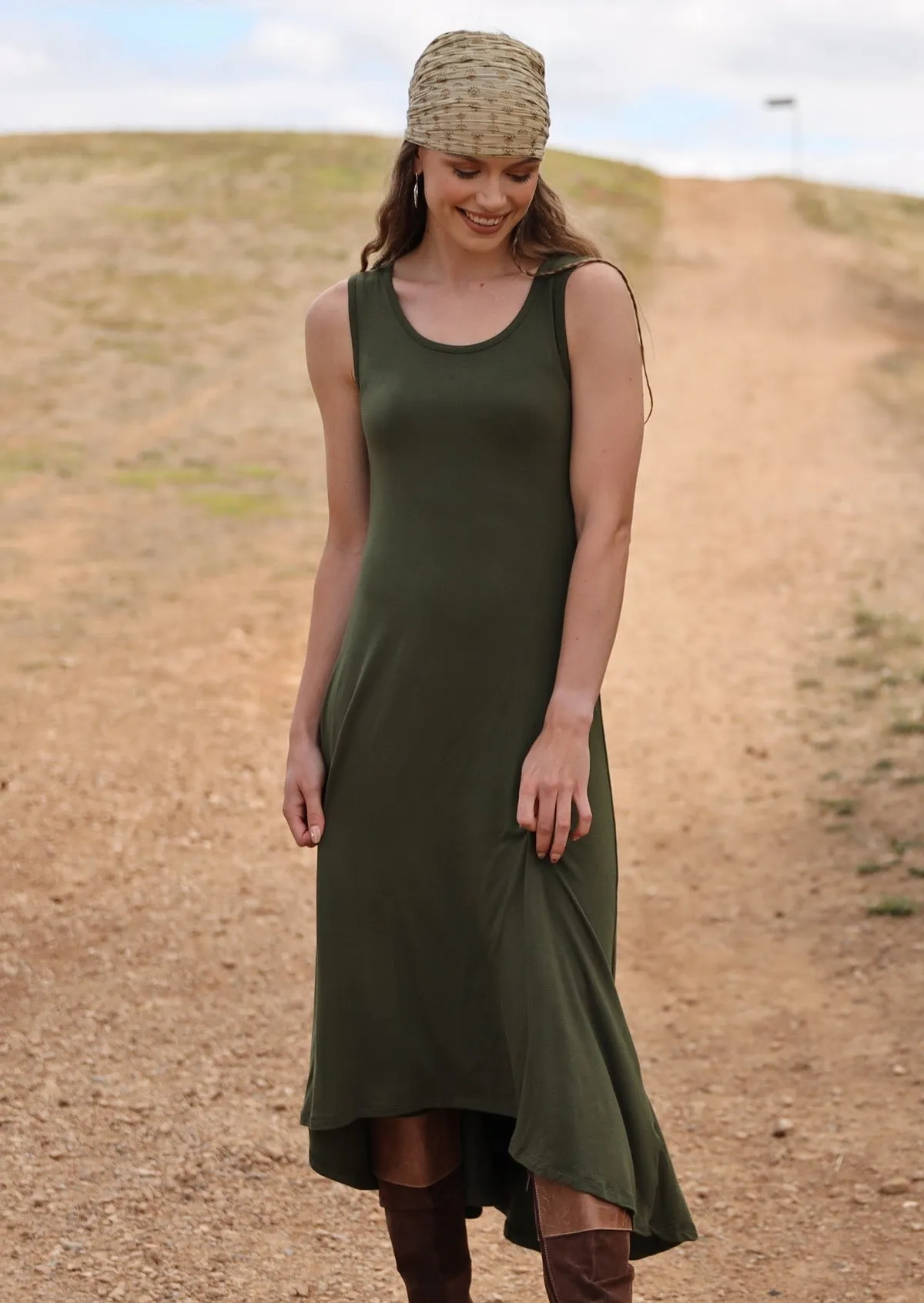 Concave Hem Dress Olive