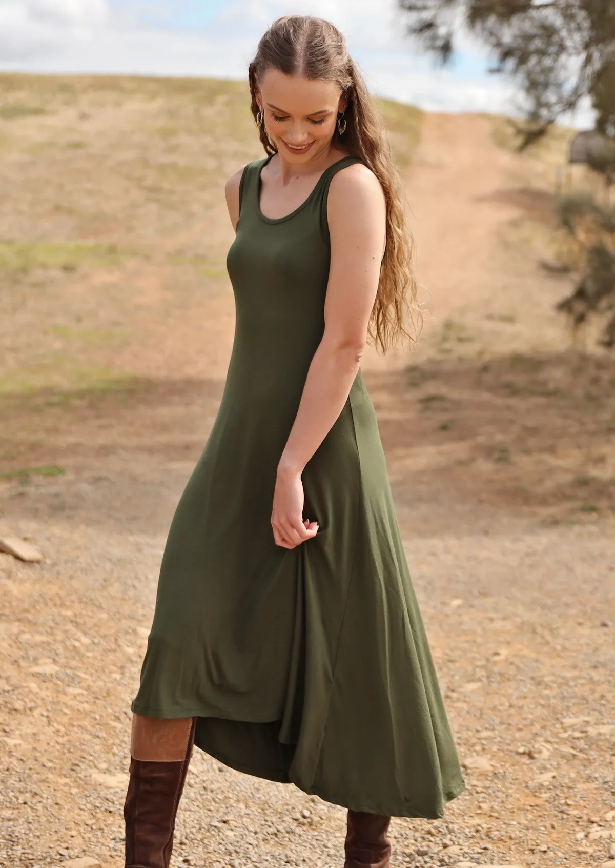 Concave Hem Dress Olive