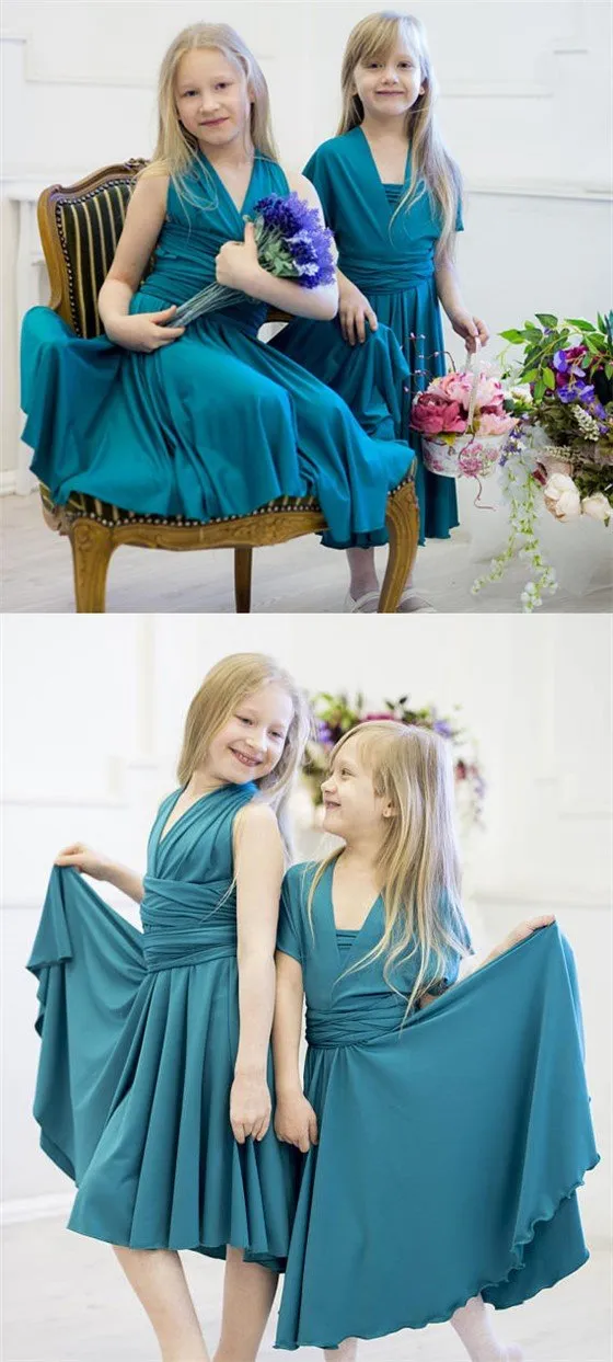 Convertible Teal Jersey Cheap Flower Girl Dresses, Junior Bridesmaid Dresses,  FG034