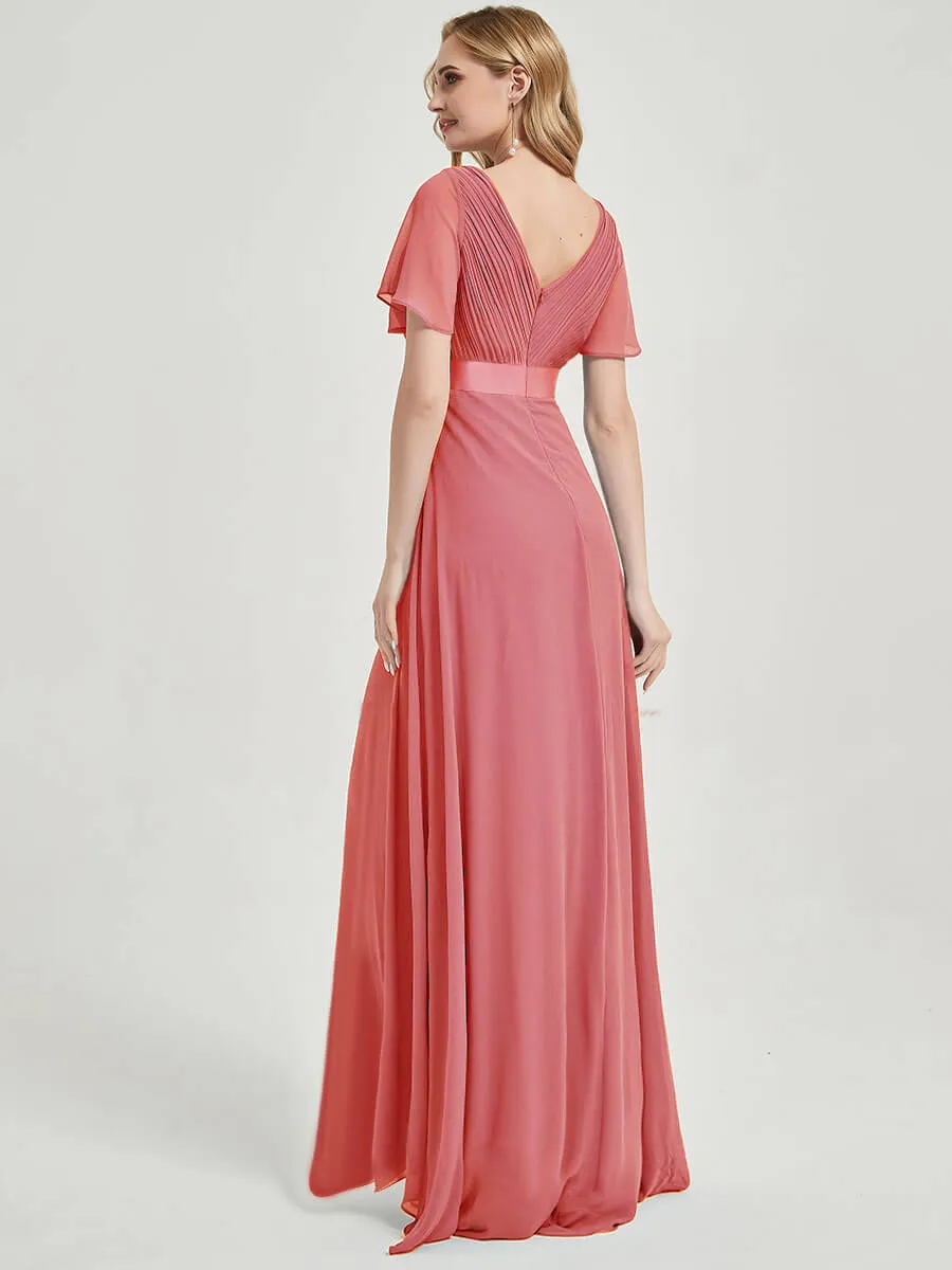 Coral Short Sleeve Ruffle Pleated  A-Line Maxi Bridesmaid Dress