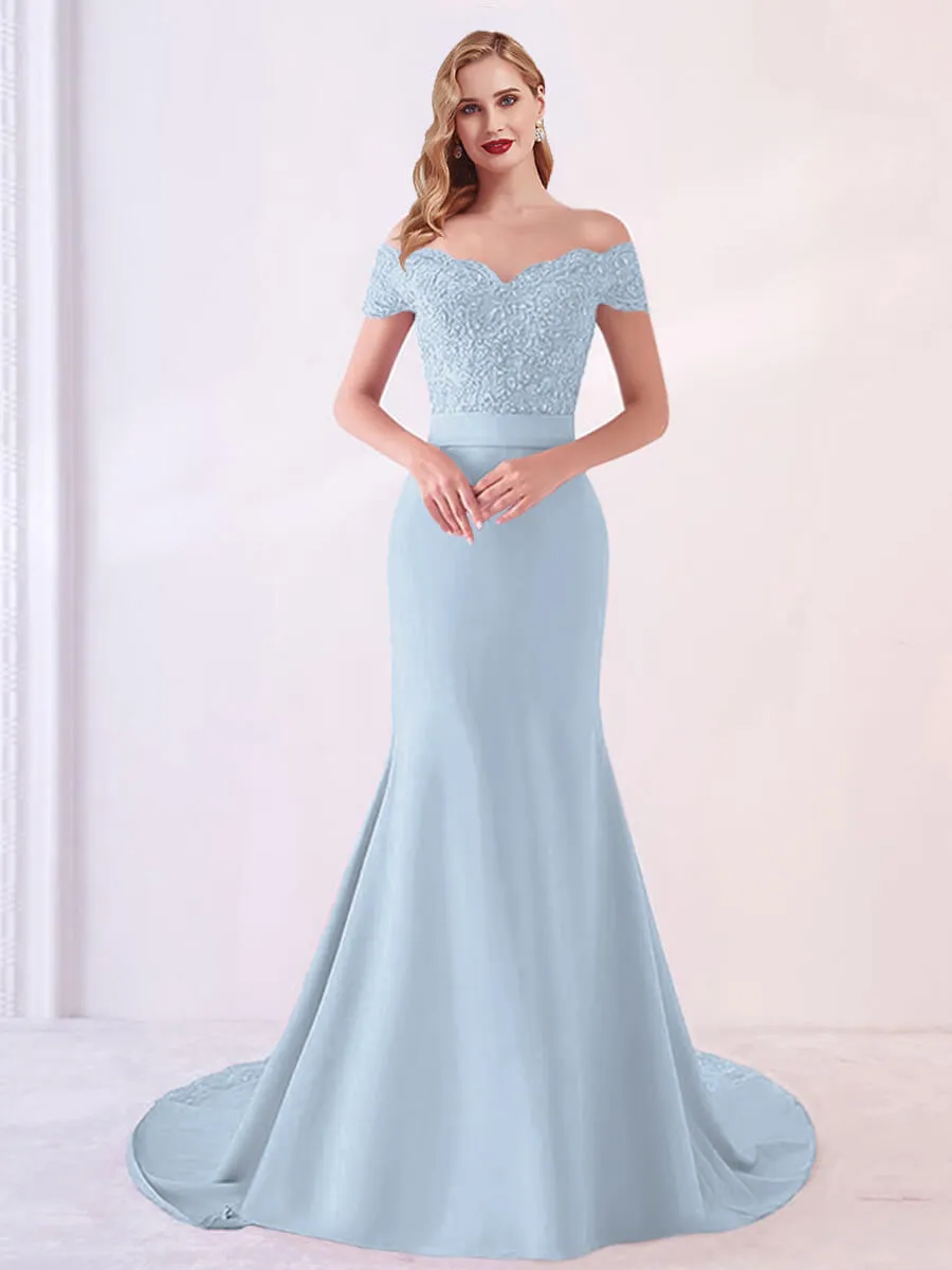 Cornflower Blue Beaded Lace Mermaid Bridesmaid Dresses Party Gowns