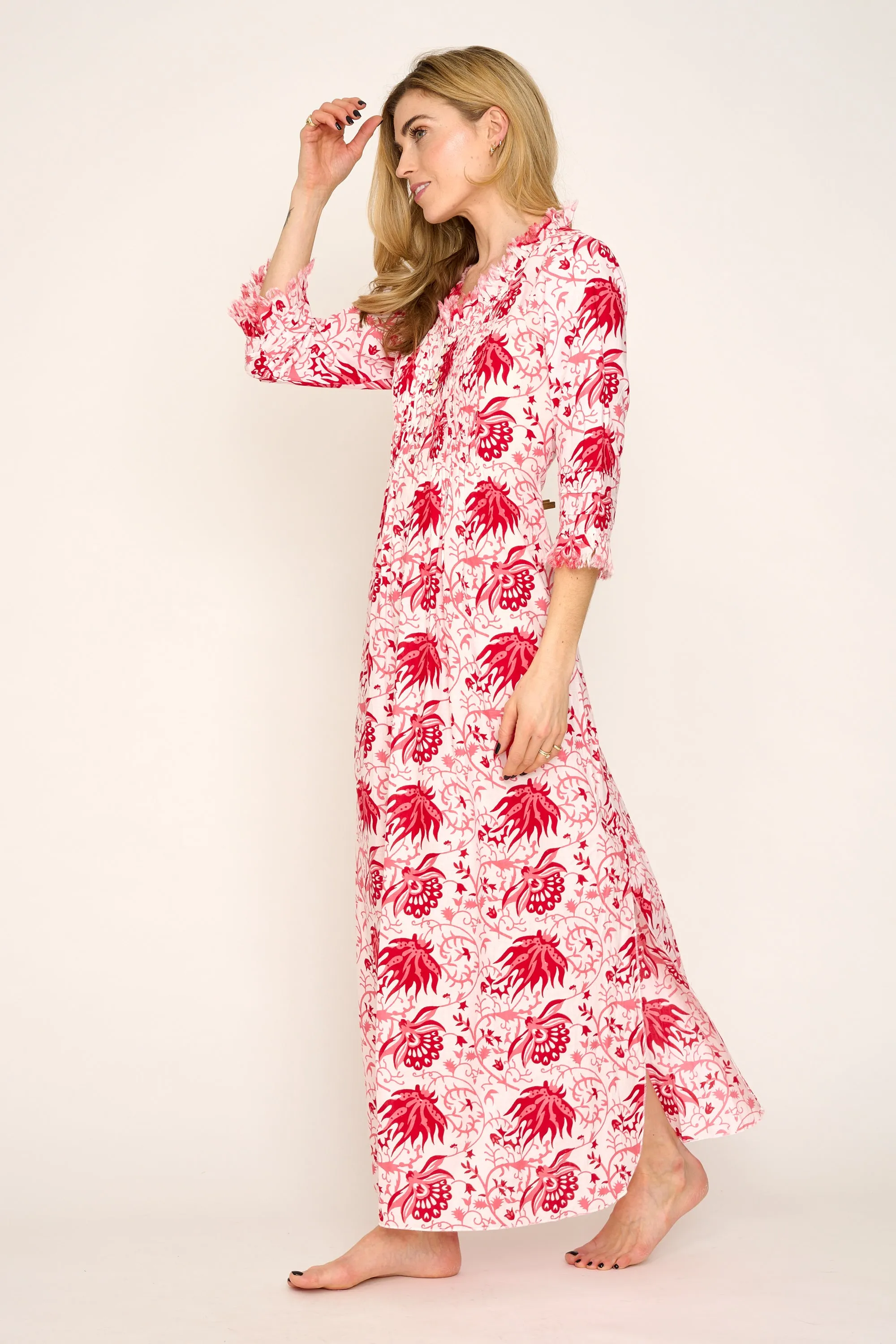 Cotton Annabel Maxi Dress in Botanical Red & Pink Flower