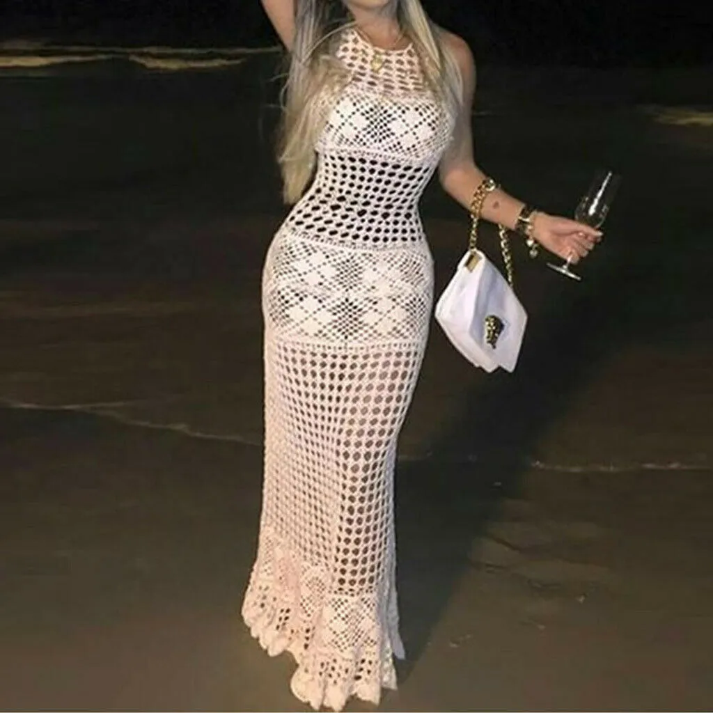 Crochet Maxi Dress White Boho Long Gown See Through Net Great For Beach Or Festivals Choose Small Medium Large Or Extra Large XL