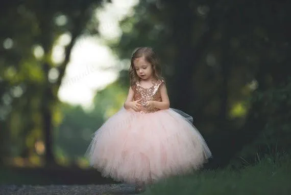 Cute Gold Sequin Tulle Flower Girl Dresses,Blush Flower Girl Dresses,FGY0181