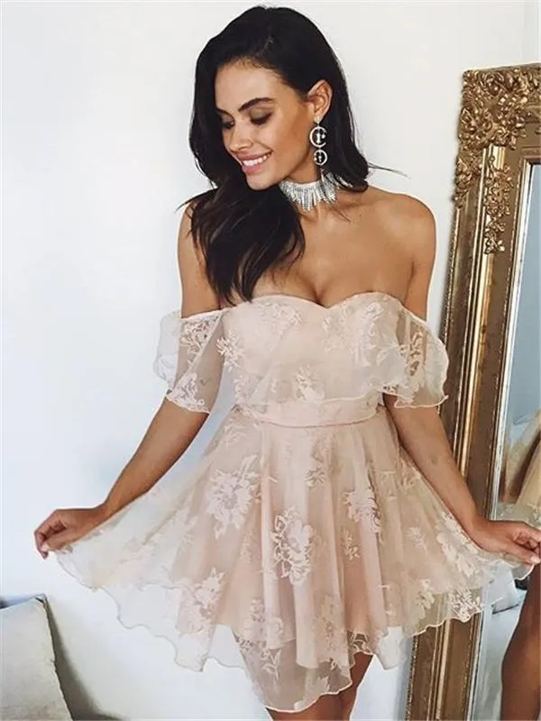 Cute Off Shoulder Lace Short Homecoming Dresses Online, BDY0296