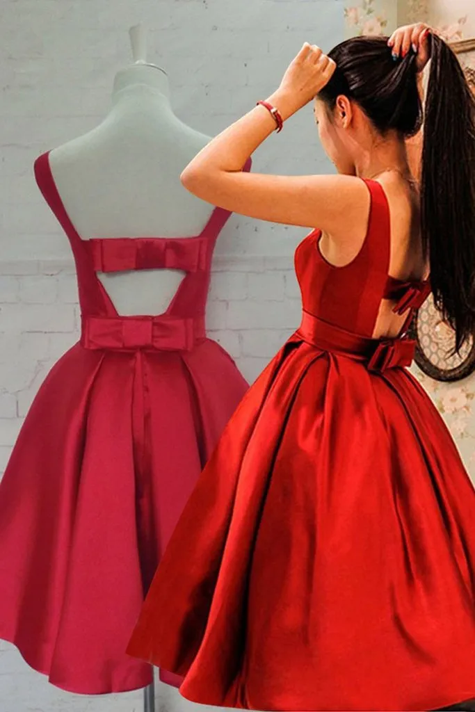 Cute Open Back Knee Length Red Prom Dress,Knee Length Red Homecoming Dress,Short Red Formal Evening Dress,BP187