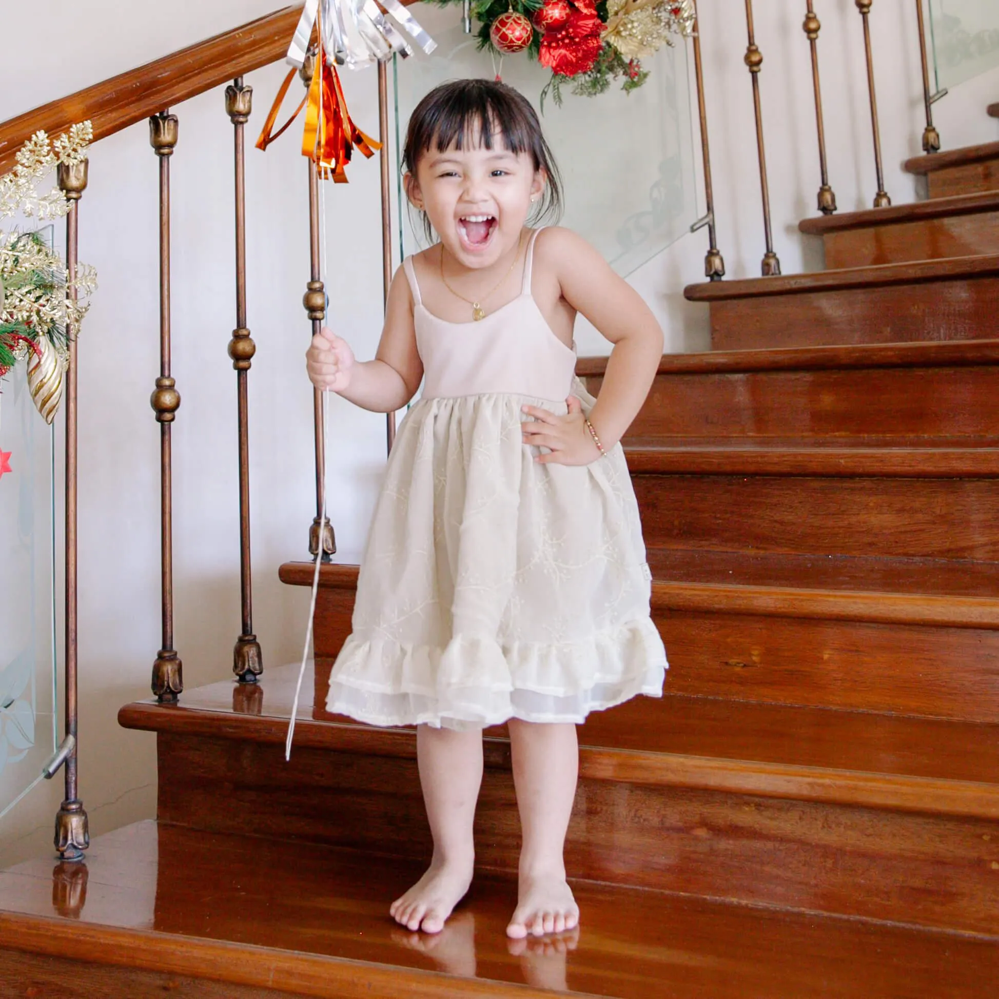 Dahlia Dress in White Stretch and Pinstripes Pink