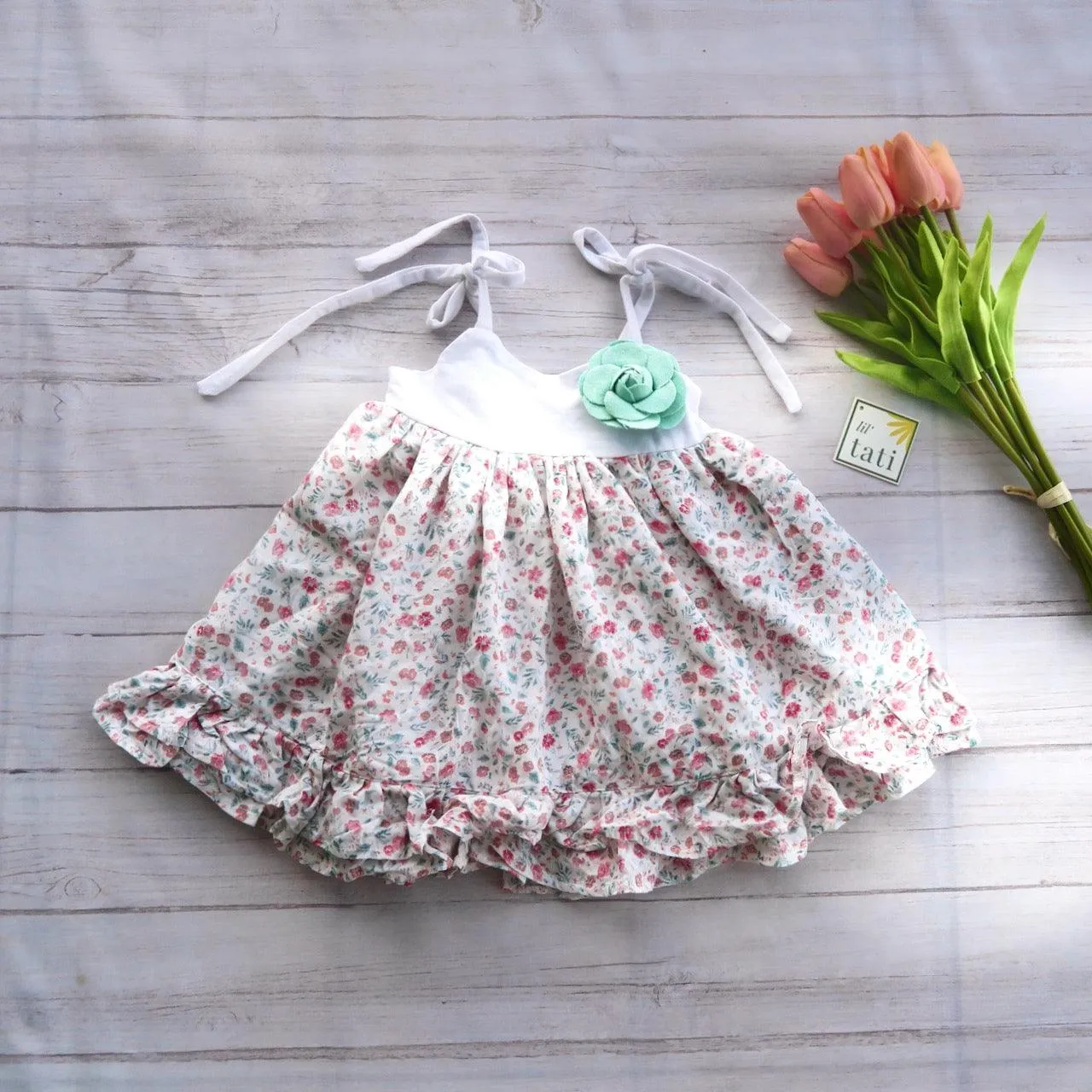 Dahlia Dress - Tie-Strap in Soft Pink Flowers Print and White Cotton Stretch