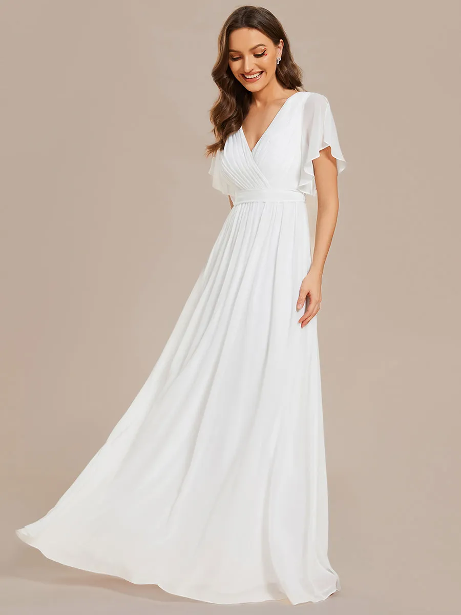 Deep V Neck Chiffon Evening Gown With Short Sleeves