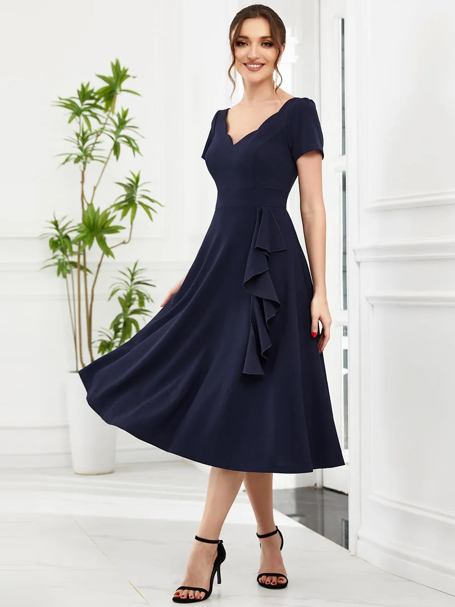 Deep V Neck Knee Length Short Sleeves A Line Wholesale Evening Dresses