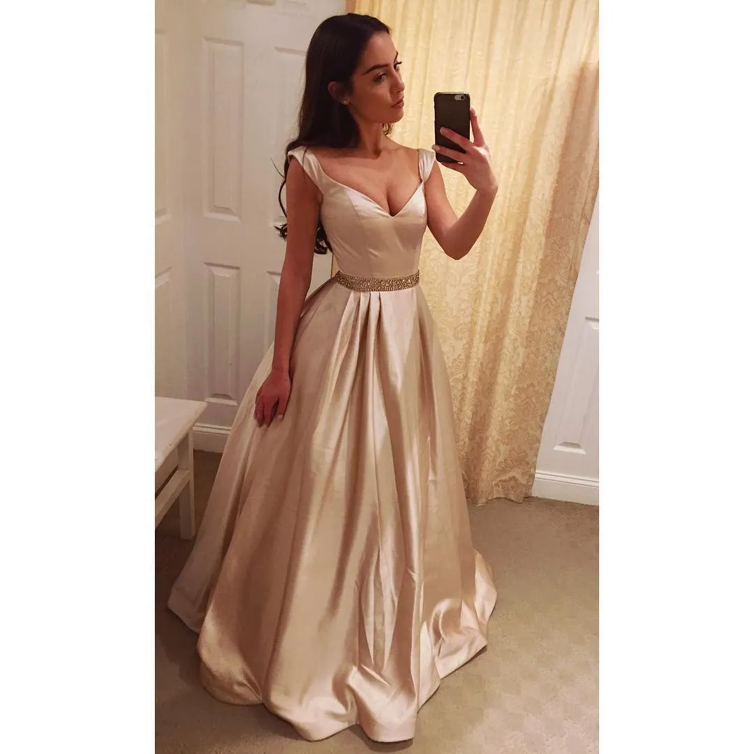 Deep V Neck Long Satin Champagne Evening Dresses Off Shoulder Prom Gowns