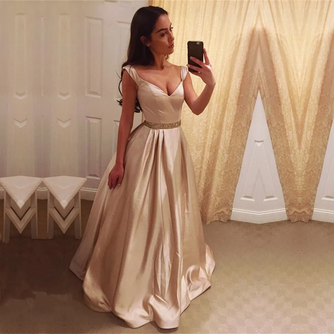 Deep V Neck Long Satin Champagne Evening Dresses Off Shoulder Prom Gowns