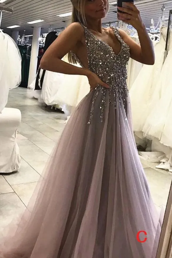 Deep V-neck Side Slit Grey Tulle Evening Dresses ,Cheap Prom Dresses,PDY0581