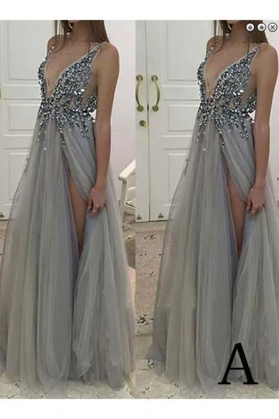 Deep V-neck Side Slit Grey Tulle Evening Dresses ,Cheap Prom Dresses,PDY0581