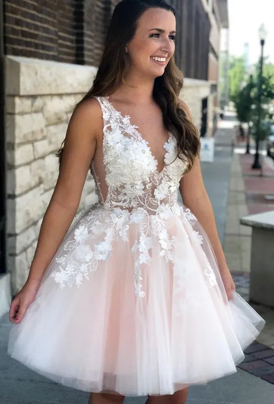 Deep V-neck Tulle Homecoming Dresses with Appliques and Beading,Short Prom Dresses,Dance Dress BP469