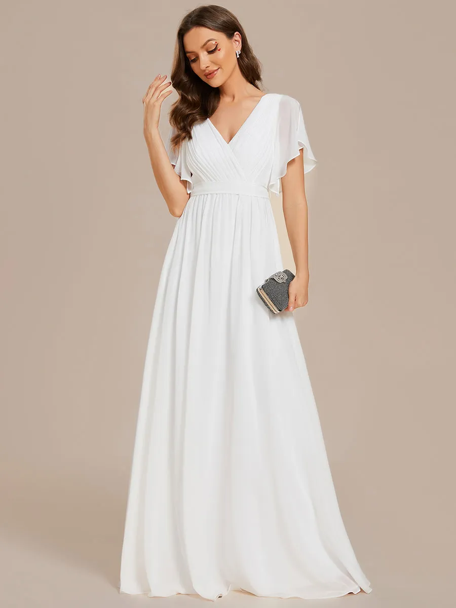 Deep V Neck Wholesale Chiffon Evening Gown With Short Sleeves