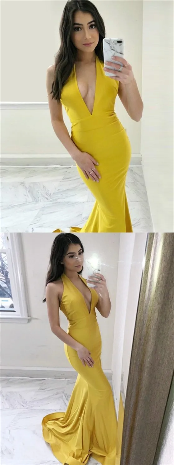 Deep V-neck Yellow Prom Dresses, Mermaid Prom Dresses, Long Prom Dresses, BG0414