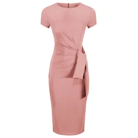 Dusky Pink Short Sleeve Ruched Front Side Tie Bodycon Pencil Dress