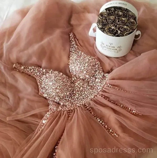 Dusty Pink V Neck Beaded Long Evening Prom Dresses, Cheap Custom Sweet 16 Dresses, 18559