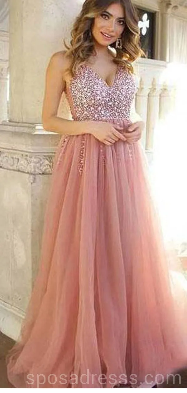 Dusty Pink V Neck Beaded Long Evening Prom Dresses, Cheap Custom Sweet 16 Dresses, 18559