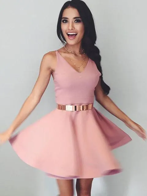 Dusty Pink V Neck Simple Short Cheap Homecoming Dresses Under 100, BDY0274