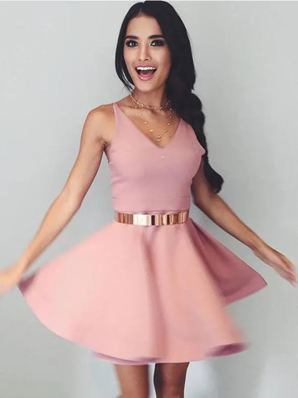 Dusty Pink V Neck Simple Short Cheap Homecoming Dresses Under 100, BDY0274