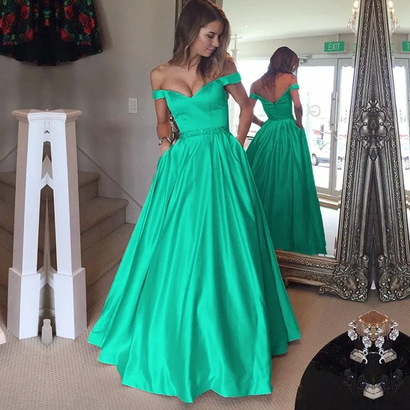 Elegant Long Satin V Neck Off The Shoulder Prom Dresses Ball Gowns