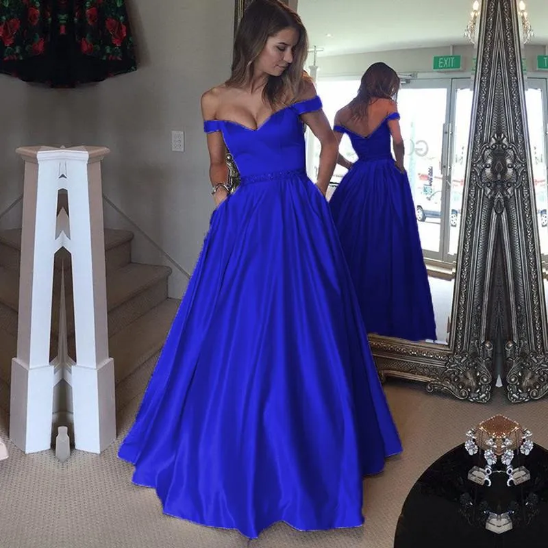 Elegant Long Satin V Neck Off The Shoulder Prom Dresses Ball Gowns