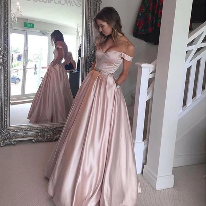 Elegant Long Satin V Neck Off The Shoulder Prom Dresses Ball Gowns