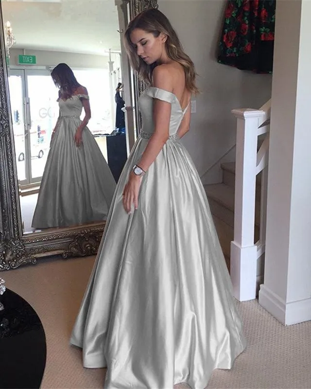 Elegant Long Satin V Neck Off The Shoulder Prom Dresses Ball Gowns