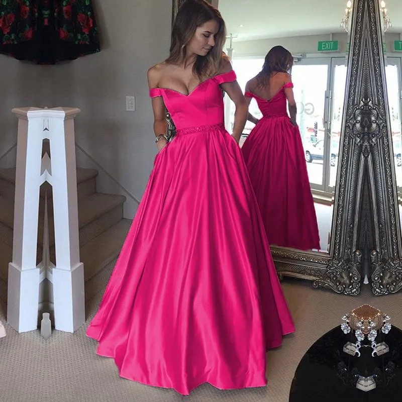 Elegant Long Satin V Neck Off The Shoulder Prom Dresses Ball Gowns