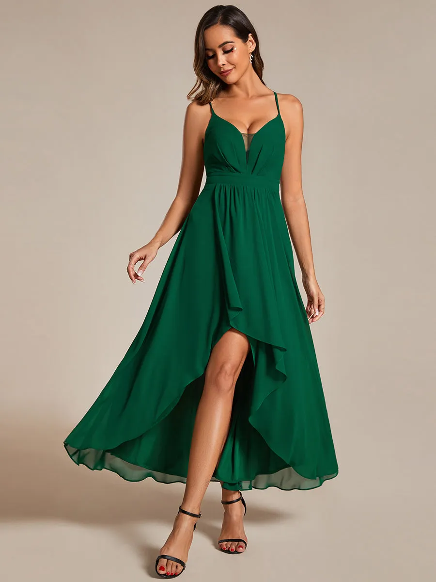 Elegant Spaghetti Straps Bandage Backless Asymmetrical Hem Chiffon Bridesmaid Dresses