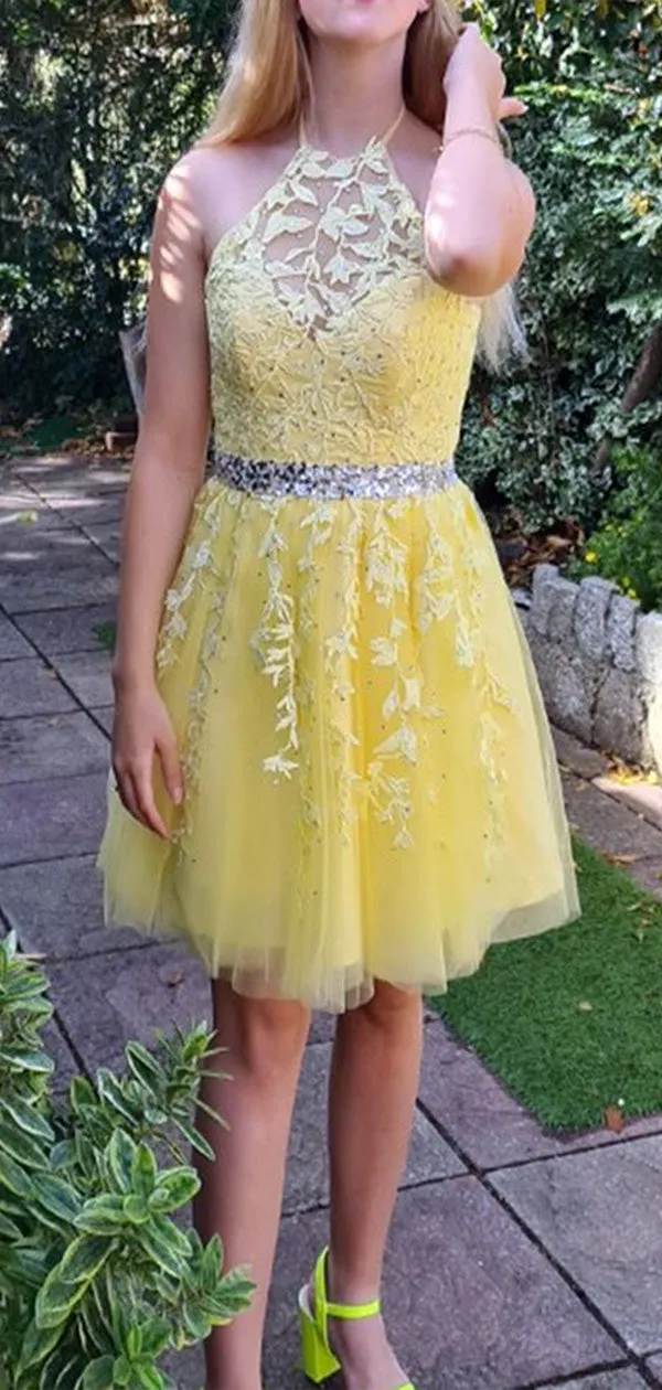 Elegant Yellow Halter Sleeveless Applique Sequin Cheap Short Homecoming Dresses, EPT190