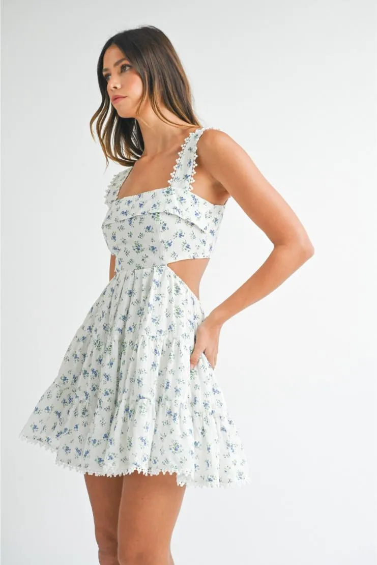 Emily Cut-Out Tiered Mini Sundress - Blue Floral