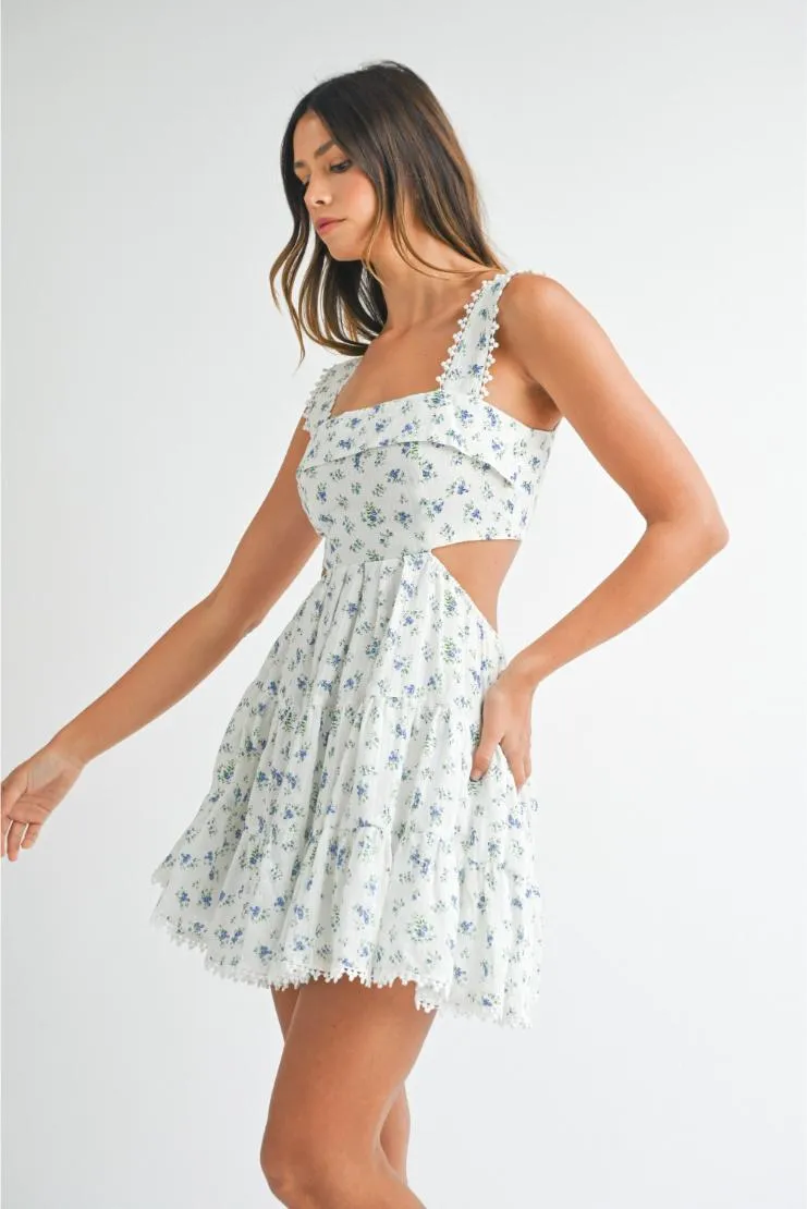 Emily Cut-Out Tiered Mini Sundress - Blue Floral