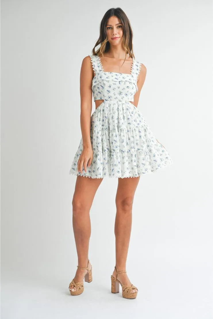 Emily Cut-Out Tiered Mini Sundress - Blue Floral