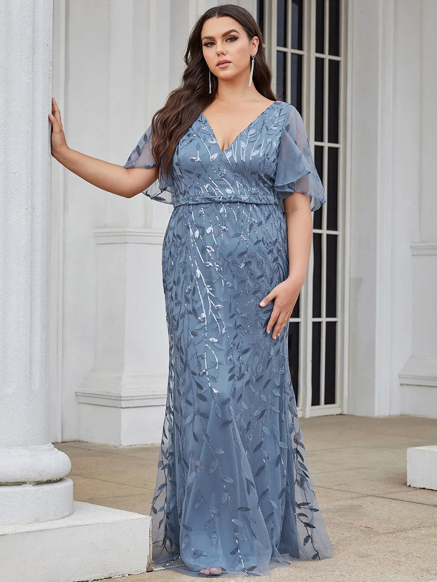 Fashion Plus Size Deep V Neck Wholesale Sequin & Tulle Evening Dress