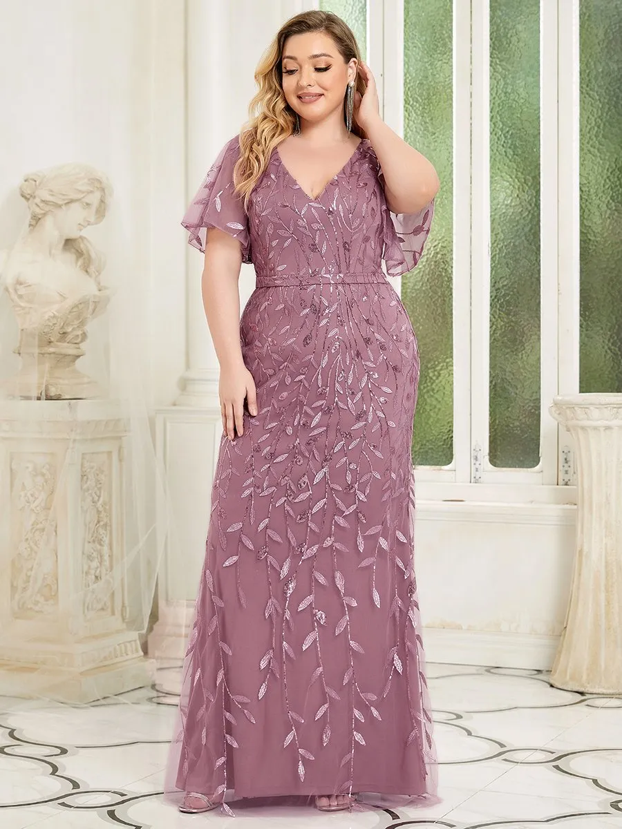 Fashion Plus Size Deep V Neck Wholesale Sequin & Tulle Evening Dress