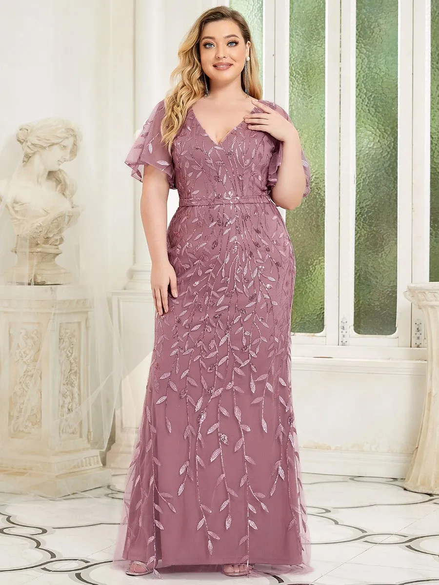 Fashion Plus Size Deep V Neck Wholesale Sequin & Tulle Evening Dress