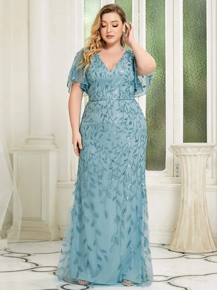 Fashion Plus Size Deep V Neck Wholesale Sequin & Tulle Evening Dress