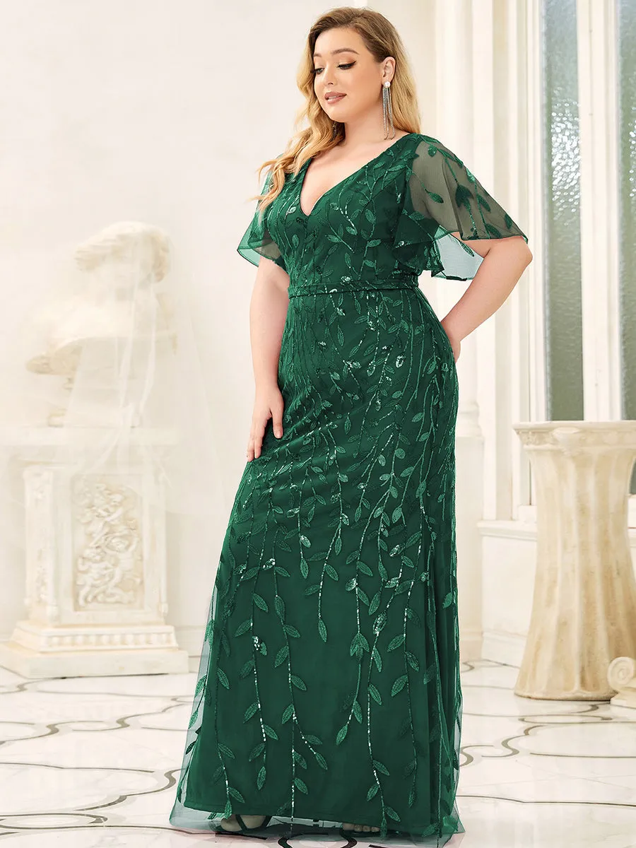 Fashion Plus Size Deep V Neck Wholesale Sequin & Tulle Evening Dress