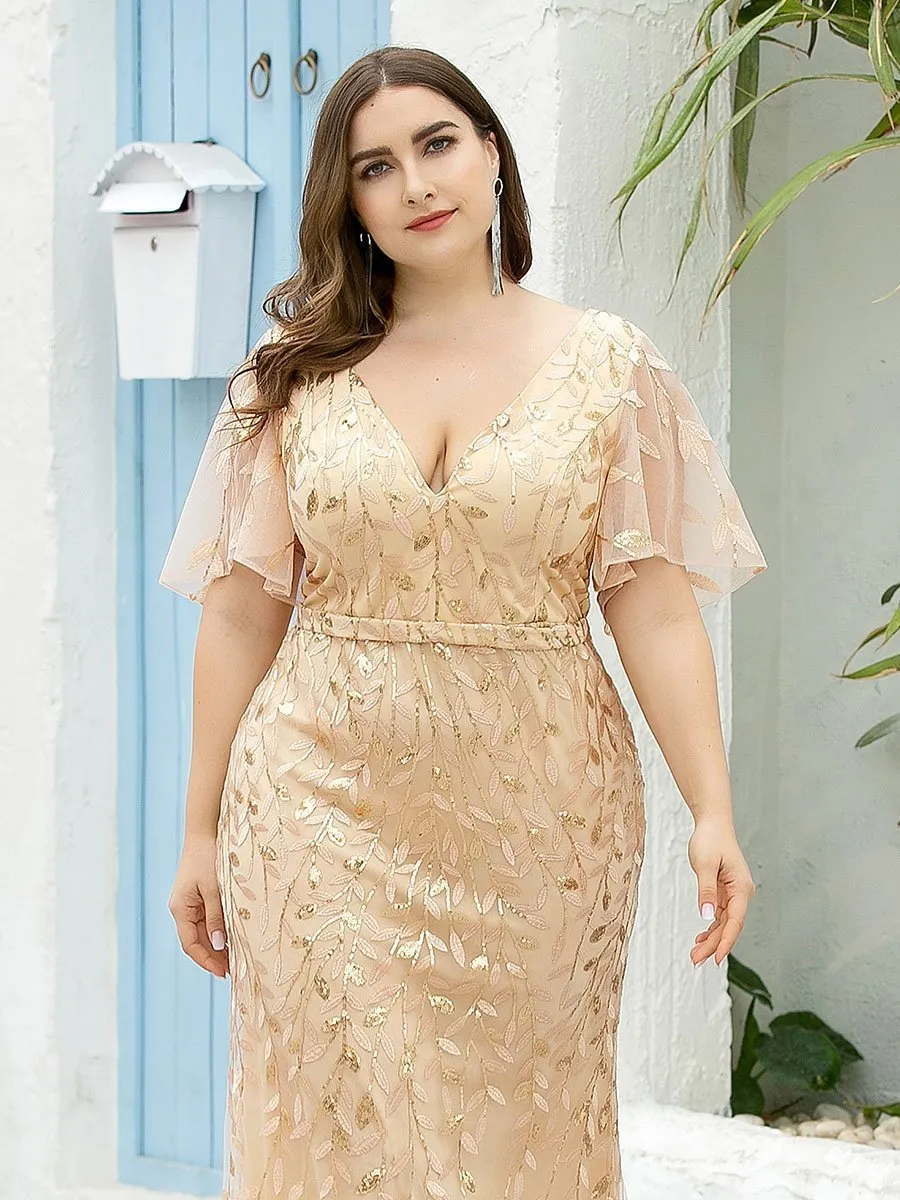 Fashion Plus Size Deep V Neck Wholesale Sequin & Tulle Evening Dress